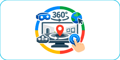 Ilustración de navegación por un tour virtual interactivo de 360º.